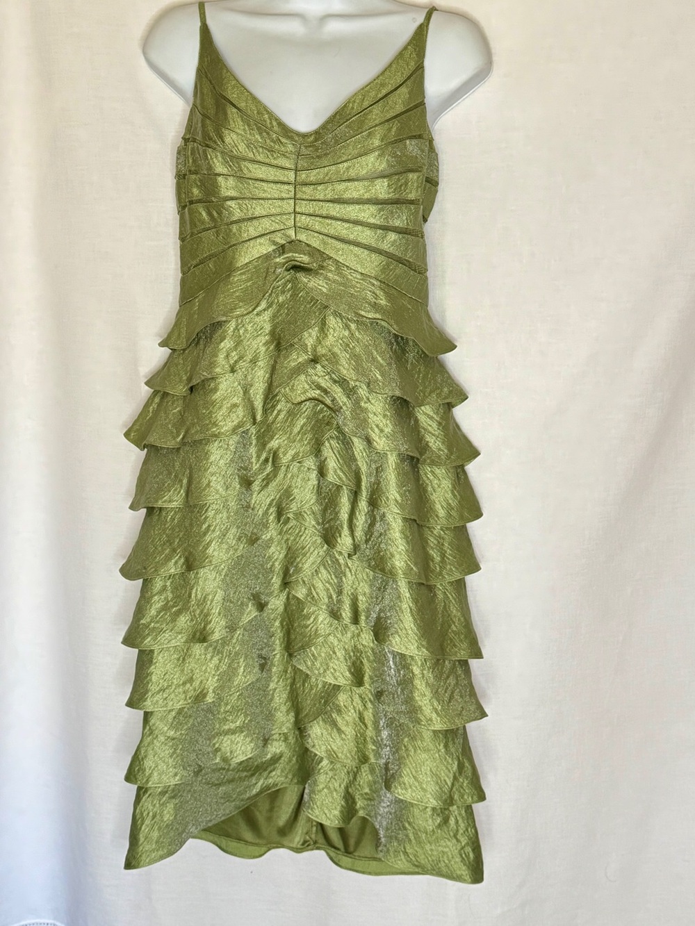 Adrianna Papell Shimmery Knee Length Olive Green Tiered Ruffle V-Neck Dress